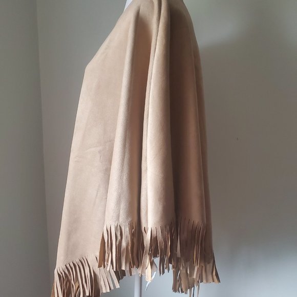 Southwestern Fall Poncho Women's Size XL Fringed Trim Neutral Faux Suede Boho - Picture 3 of 13